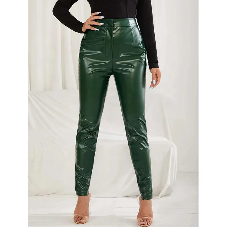 Fashionable Plus Size High Waist Pu Leather Skinny Pencil Pants Green Slim Ankle-length Trousers