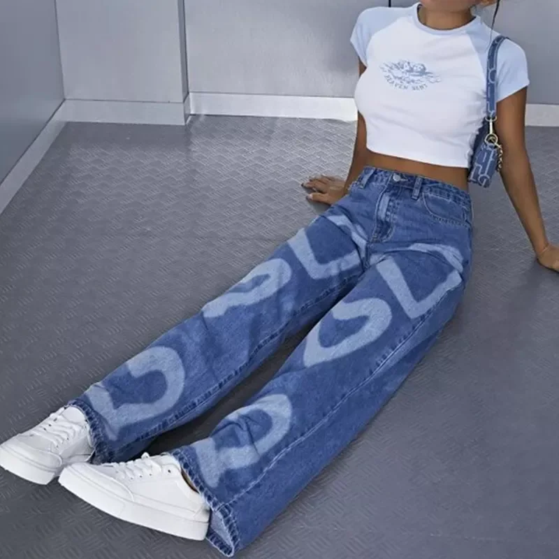 Fashion Love Pattern Painted straight legging Zipper Fly Women Denim Jeans