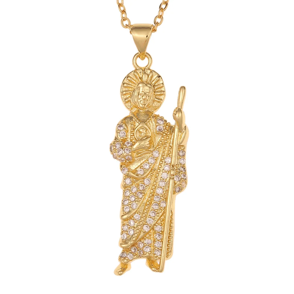 Top Quality Jewelry Non Tarnish Zirconia Micro Pave 18k Gold Plated 3D San Judas Tadeo Santa Muerte Pendant Necklace for Men