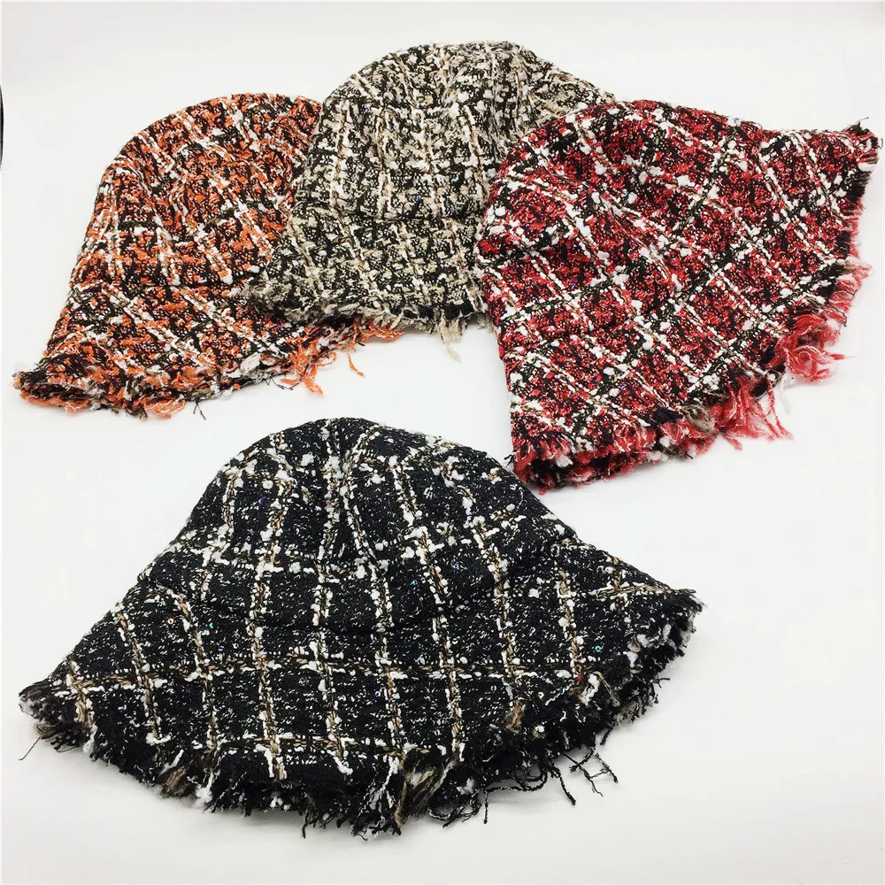 Sequins Women Plaid Tweed Bucket Hat Ladies Girls Black and Red Checked Raw Edges Female Warm Winter Hats