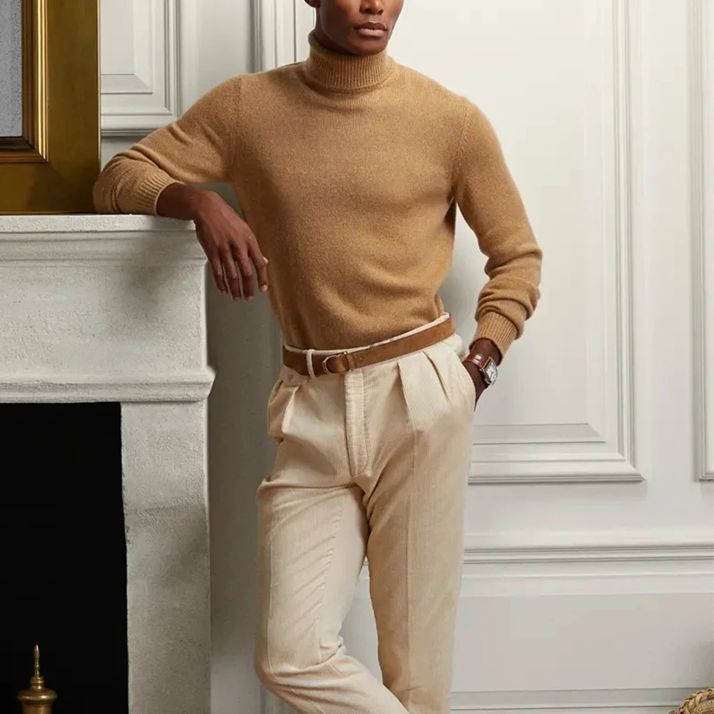Custom LOGO OEM & ODM   Mens Cashmere Sweater Long Sleeves Cashmere Pullover Brown Turtleneck Men Jumper