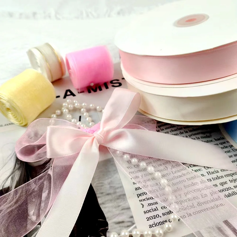 Stock 196 Solid Colors 100 Yards Per Roll Single Double Face Smooth White Satin Organza Ribbon