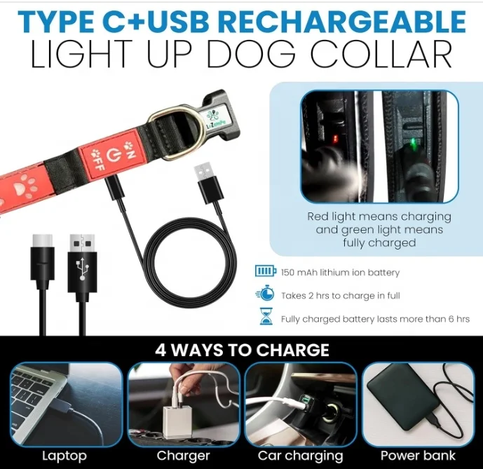 2024 waterproof LED Pet Collars Adjustable color LED Collars for Dogs Night Anti-Lost Dog Products Electronic Pet LED Dog Collar