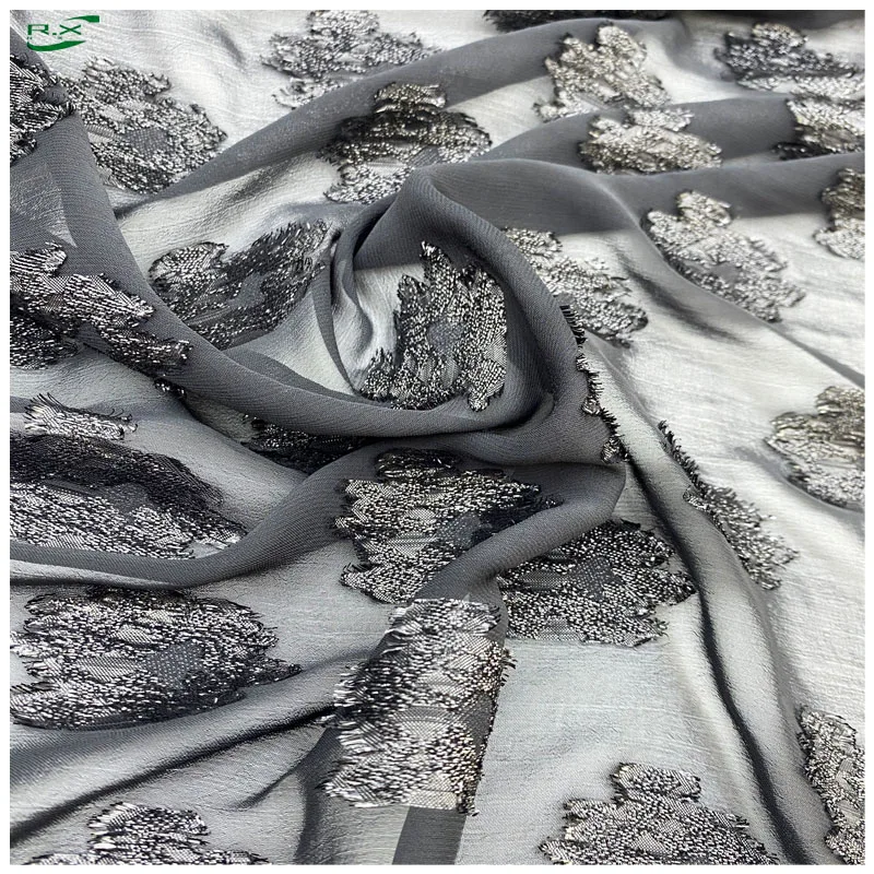 Custom wholesale high quality recycled polyester black glitter cut flower chiffon fabric material for clothing