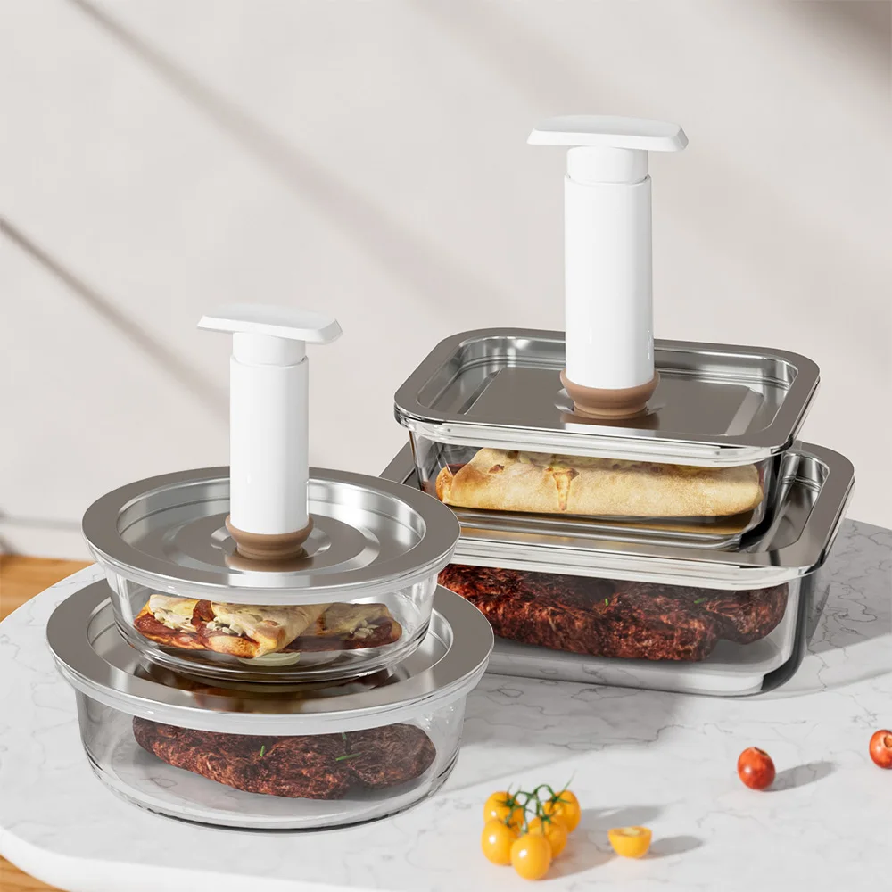 Glass Lunch Bento Boxes with Vacuum Pump Steel Lids for Microwave Dishwasher Refrigerator Safe Leakproof Meal-Prep Containers