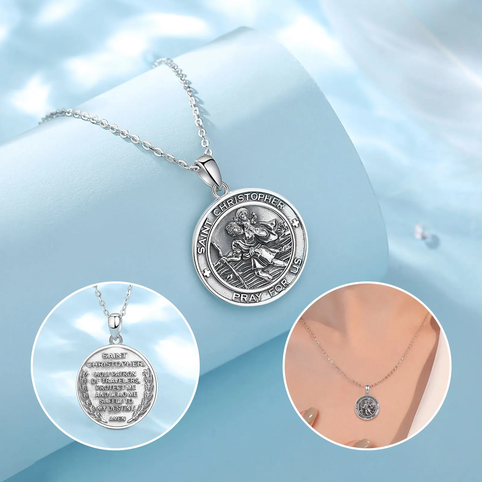 Changda 925 Sterling Silver Miraculous Medal Jesus Amulet Medal Jewelry Saint St Christopher Pendant Necklace for Men