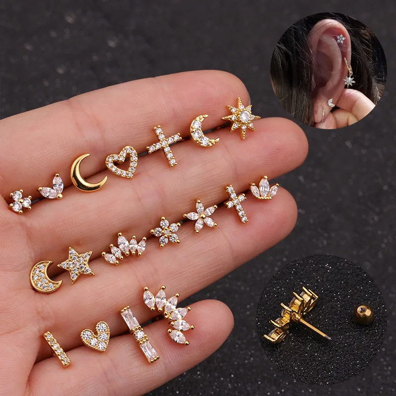 Серьги-гвоздики женские из нержавеющей стали, украшение для ушей с перфорированным хрящиком уха, с винтом на тыльной стороне, золотистые и Серебристые