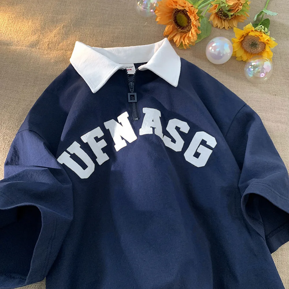 Wholesale Summer Cotton Contrast Color Letter Print Short Sleeve Quarter Zipper Oversized Unisex Polo Shirts