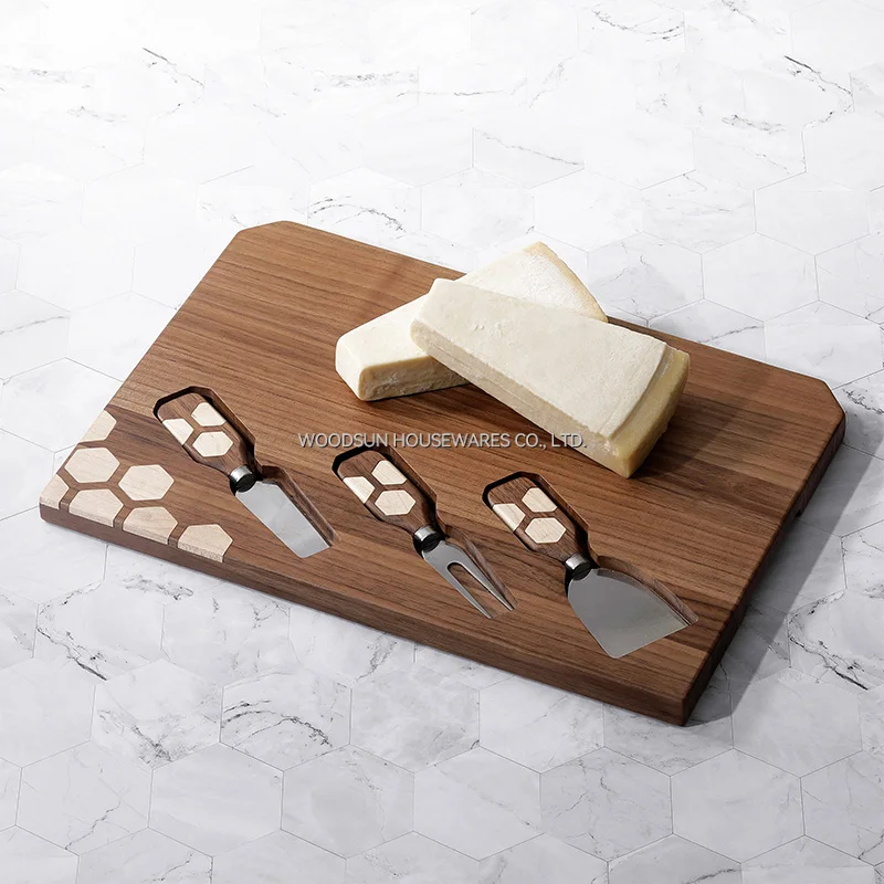 Woodsun Manufacturer 2024 Black Walnut Wooden Cheese Board and Knife Set for Sale Wood Charcuterie Serving Board