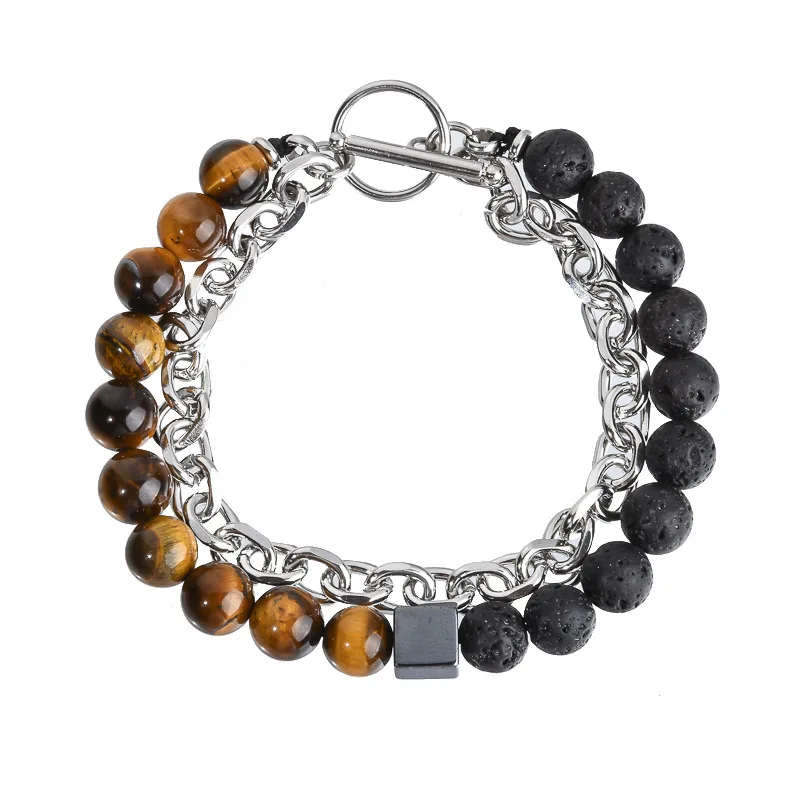 European American 8mm Tiger Eye Stone Double Layer Bracelet for Men Square Black Magnet Beaded Religious Handicraft Jewelry