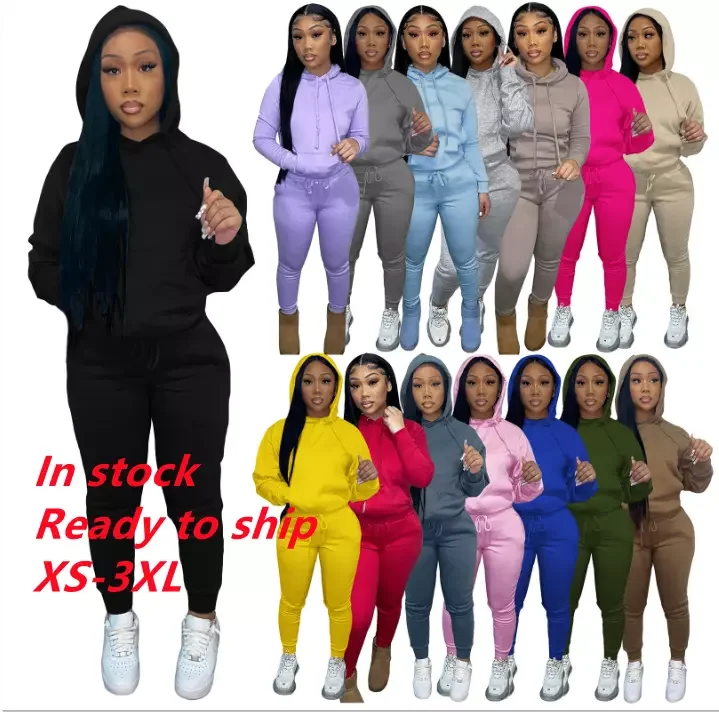 Fall winter XS-3XL pullover drawstring Jogger sweatpants and hoodie set 2022 two piece sweat suits thick fleece women tracksuits