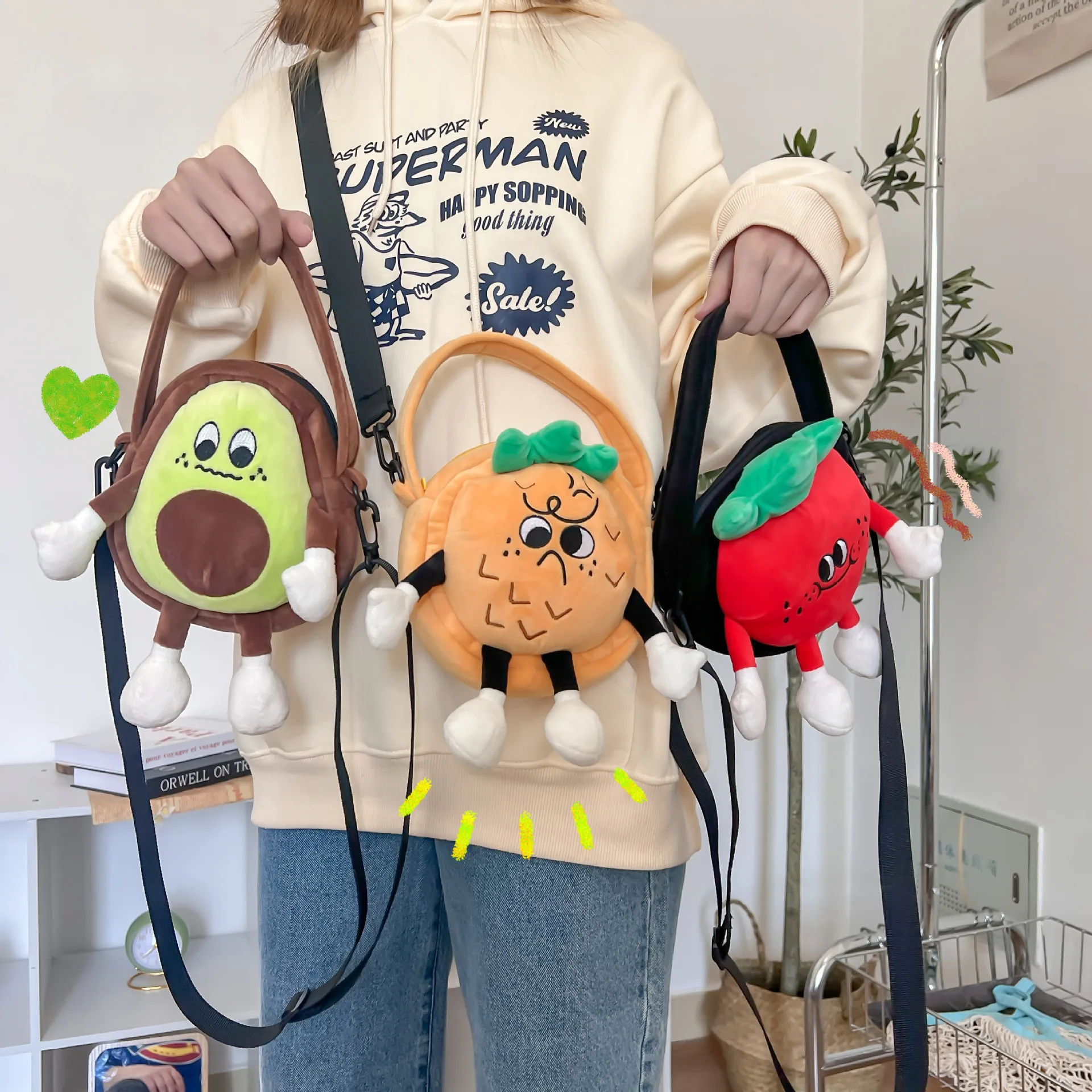 High Quality Cartoon Cute Strawberry Orange Avocado Crossbody Bag Plush Doll Shopping Bag Messenger Bag For Kids Girl Wholesale
