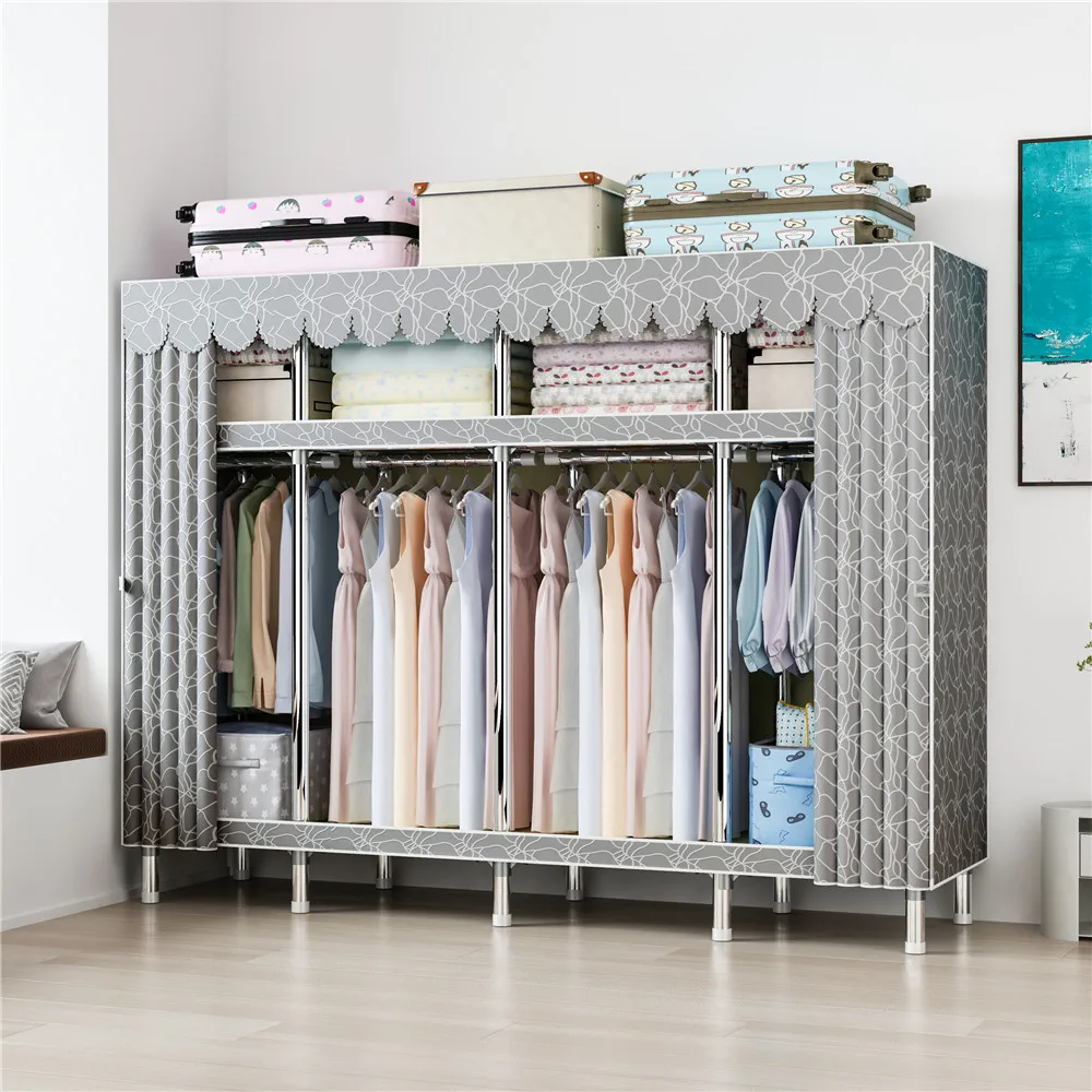 4-Column Collapsible Portable Canvas Wardrobe with Steel Frame Foldable Clothes Hanging Closet Mobile Cupboard