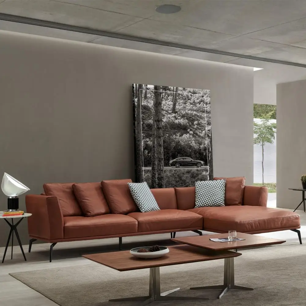 
Cigar - colored leather corner sofa in reception room 