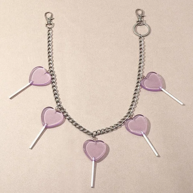  New Harajuku Transparent Purple Heart Lollipop Metal Key Chain For Women Punk Jeans Waist Pant Keychains Accessories