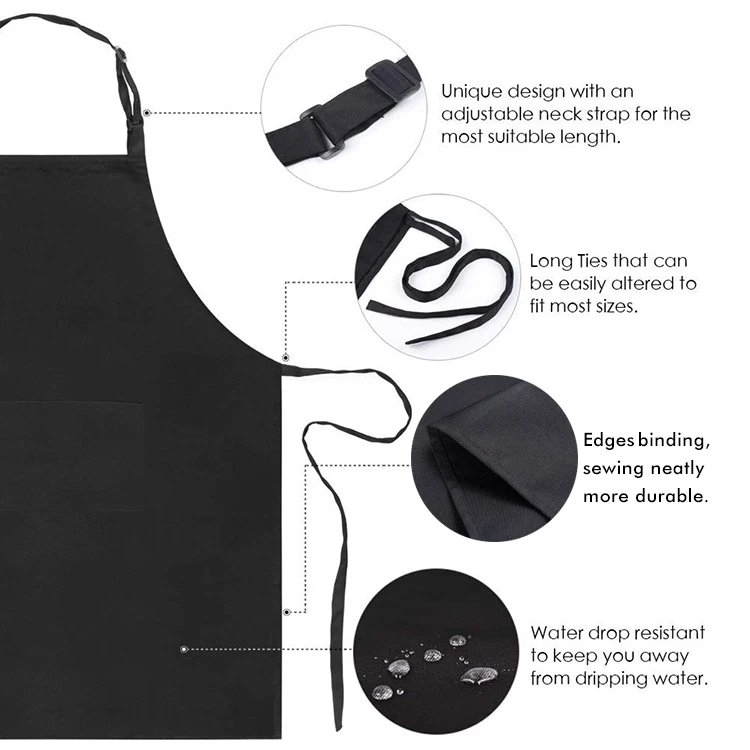 Adjustable Bib Apron Thicker Polyester Waterdrop Resistant with Pockets Black Cooking Kitchen Uniform Aprons for Women Men