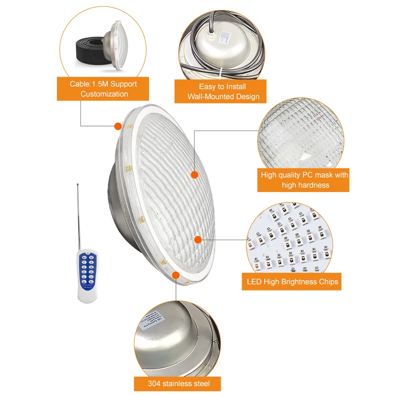 New 304 Stainless Steel 18W 24W Waterproof IP68 Led Underwater Par 56 Rgb Smart Underwater Lighting Swimming Pool Light