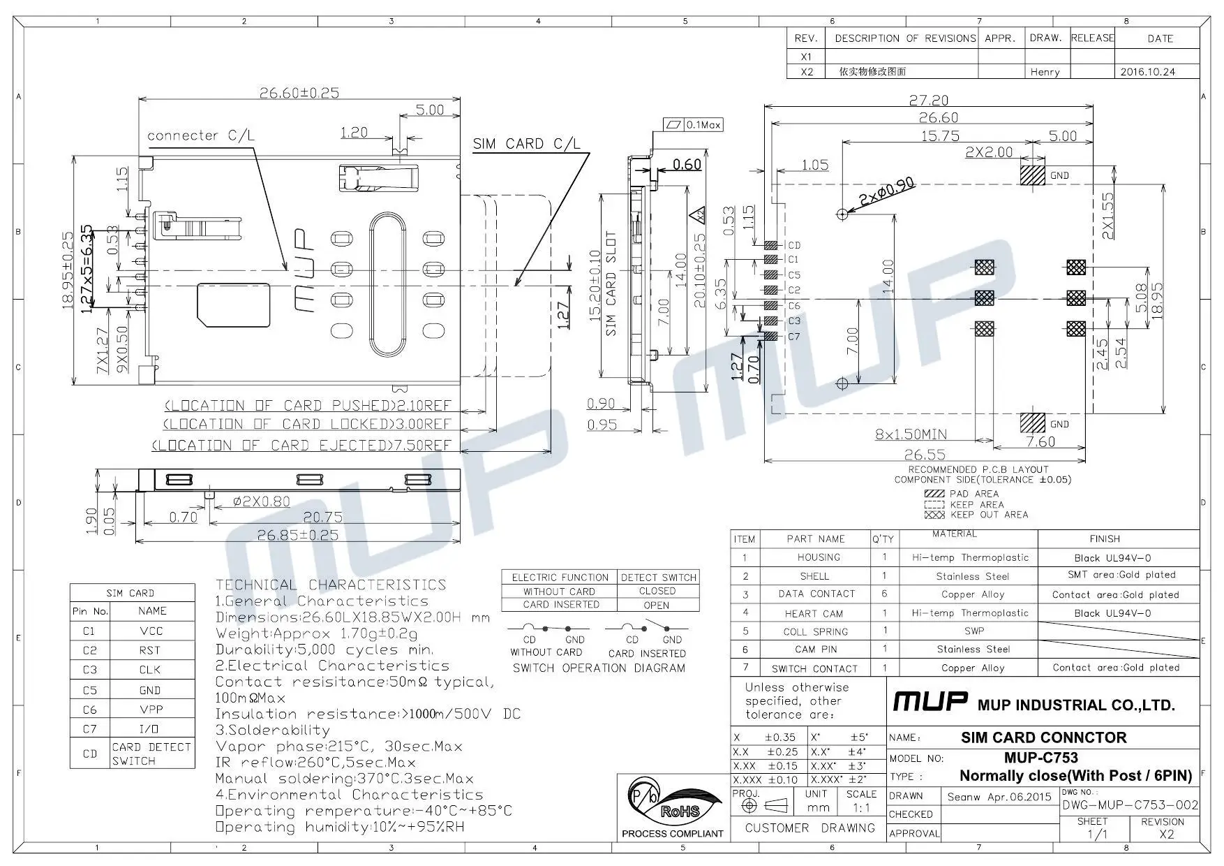MUP Push push TYPE normally close PCB sim card holder connector for GPS