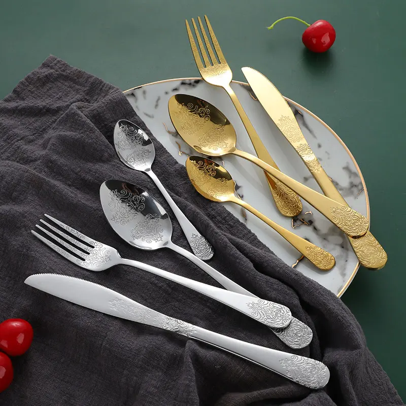 Top Seller 24-piece Stainless Steel Spoon Fork Knife Set With Handle Pattern Luxury Diamond Type Lattice Egg Shape Package