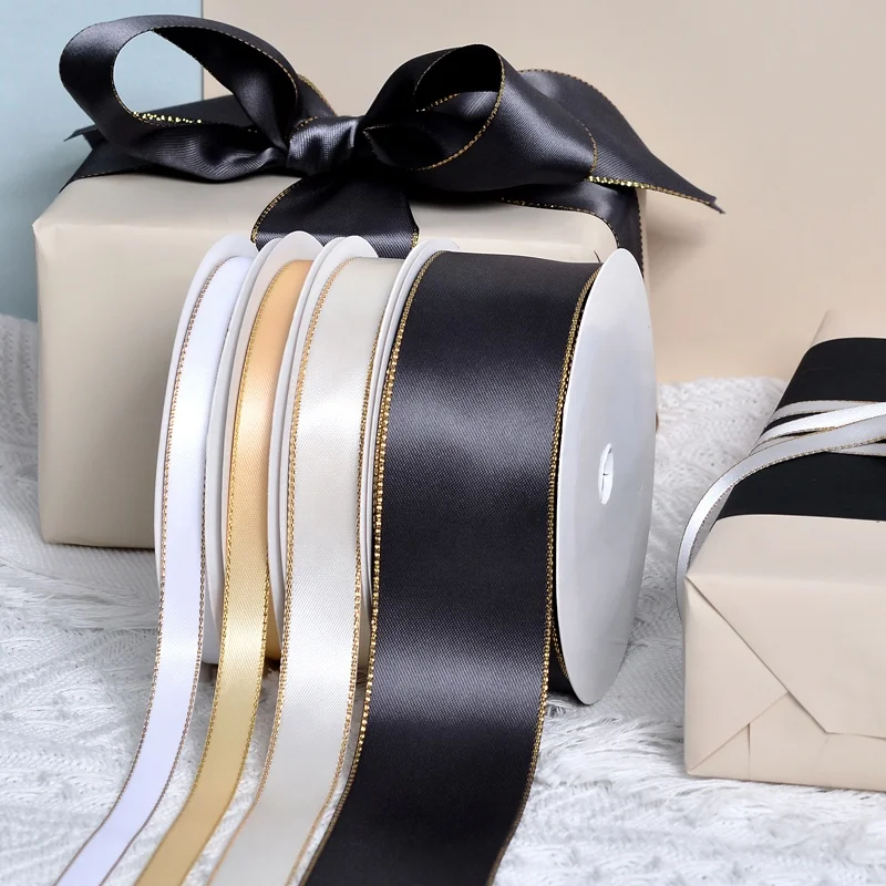 Yama manufacturer wholesales price polyester 16mm width fashion novelty high quality satin ribbon gold edges
