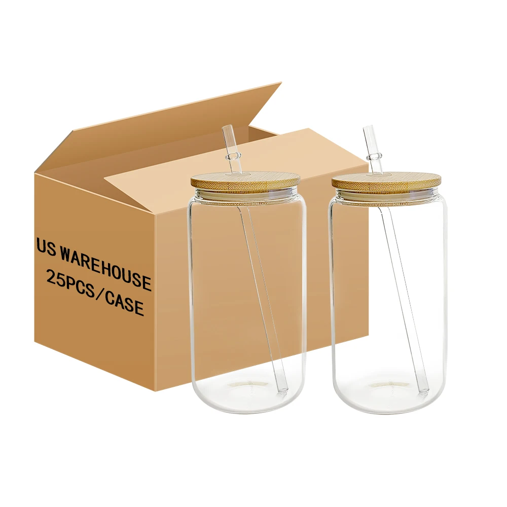 US Warehouse Stocked custom 12oz 16oz 25oz clear frosted beer glass can sublimation with lid and straw