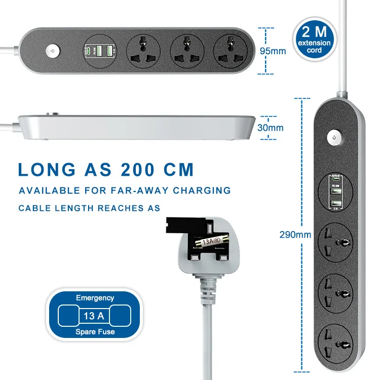 EXTENSION SOCKET PD20W Type C Fast Charging USB Ports Extension Socket 3 Way Universal Power Strip OEM
