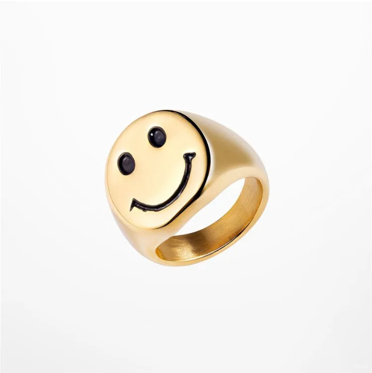  Streetwear Stainless Steel Smiley Face Ring Chunky Gold Silver