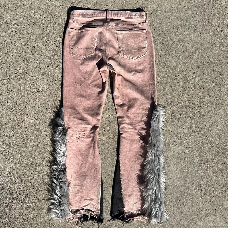 YYSY Custom denim pants skinny jeans stitched patchwork fur stacked jeans pants for men