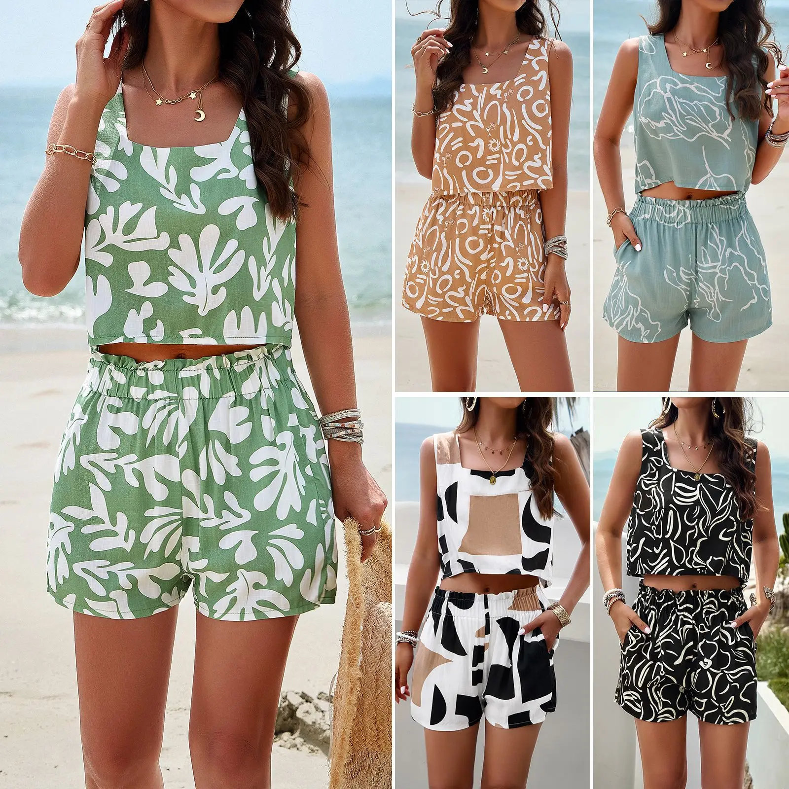 Summer Temperament Printed 2 Pieces Women Clothing Shorts Tops Viscose Ladies Casual Vest Set