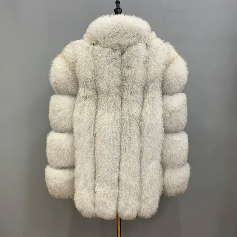 2022 New Arrivals High Quality Italian Classic Style Stand Collar Natural White Real Fox Fur Coat Women