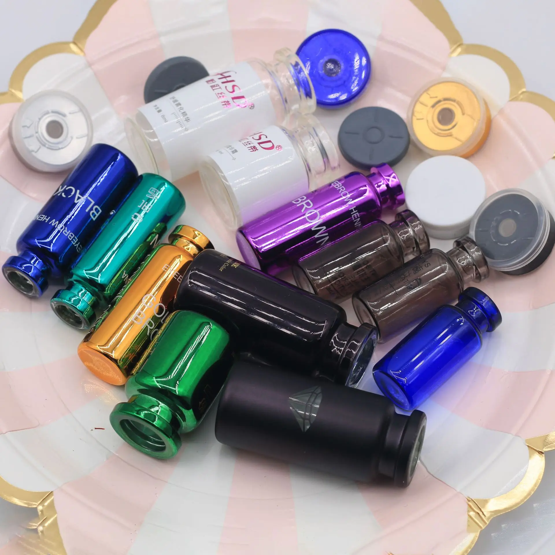 Wholesale 8ml injection vial gold logo black brown clear glass vial with rubber cap 10ml for liquid medicine