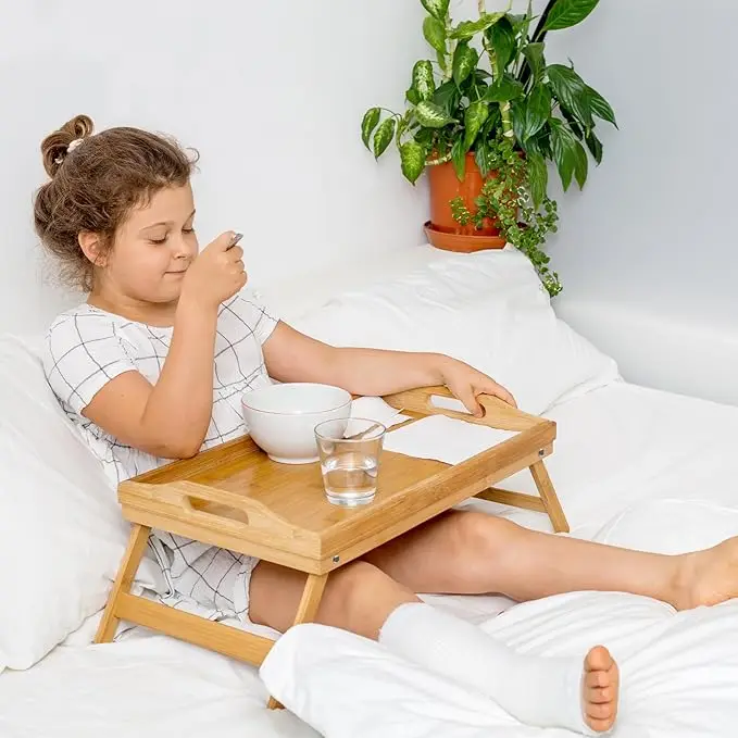 Bamboo Bed Tray Table with Folding Legs Handles for Eating Dinner Snack for Bedroom Hospital Foldable Breakfast Serving Tray