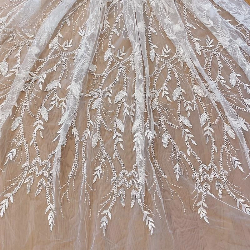 New Style Beaded Shiny Bridal Lace Fabric white Flowers, Branches and Leaves Sequined Mesh Embroidery Fabric