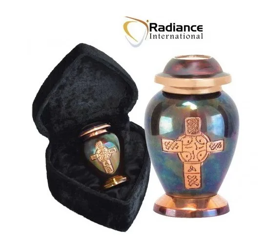 Solid Celtic Cross Raku Brass Cremation Urn Modern American Adult Funeral Ashes Memorial Colorful Velvet Adult Human Remains