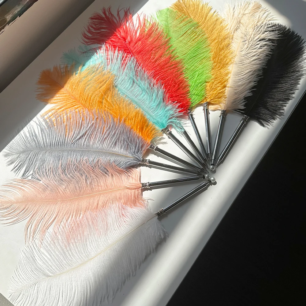 2024 Hot Selling Soft Fluffy Nature Ostrich Feather Ballpoint Pen for School Office Wedding Party Gift
