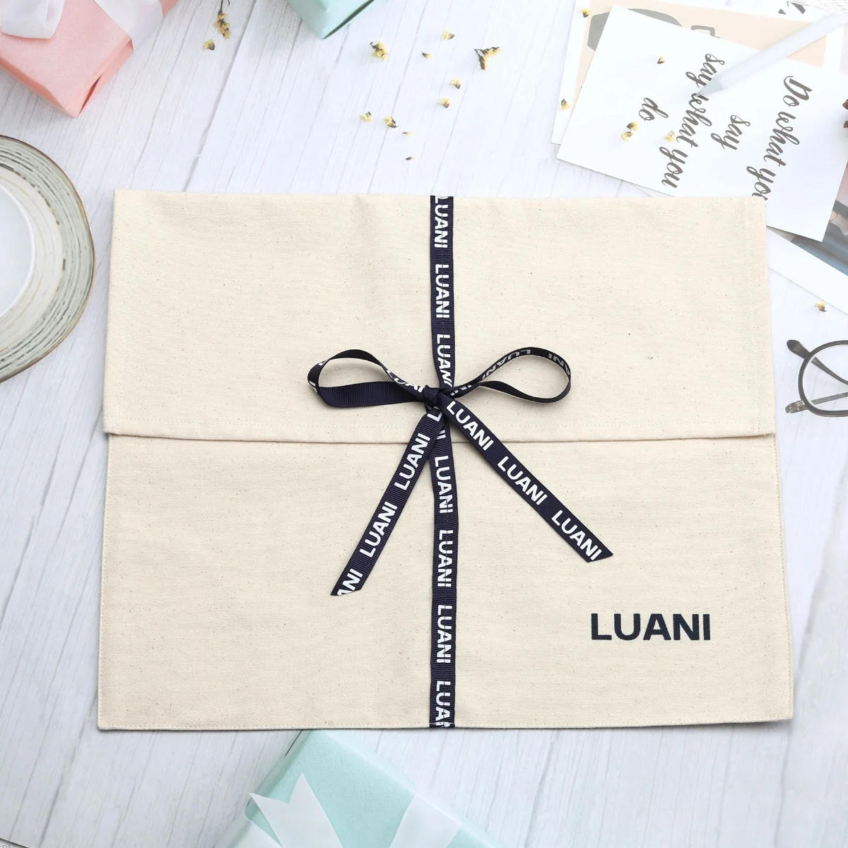 Custom Organic Cotton Canvas Envelope Bag With Ribbon Muslin Canvas Envelope Pouch Clothing Handbag Packaging Dust Bag