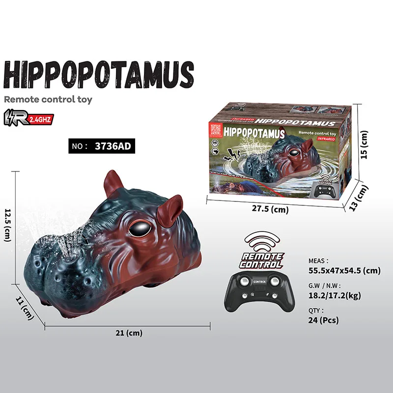 2024 Newest 3736A Water Toys RC Hippopotamus Boat 2.4GHz 4CH Spraying Remote Control Hippo Ship Toy For Children