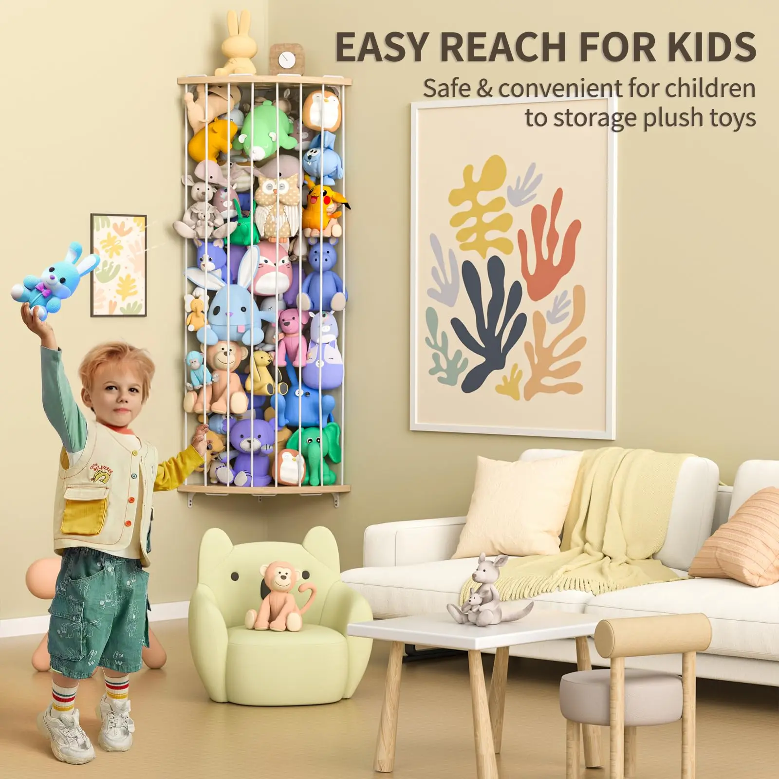 Stuffed Animal Storage Wood Corner Toys Holder for Nursery Play Room Bedroom Kids Room Furniture Stuffed Animal Organizer Shelf
