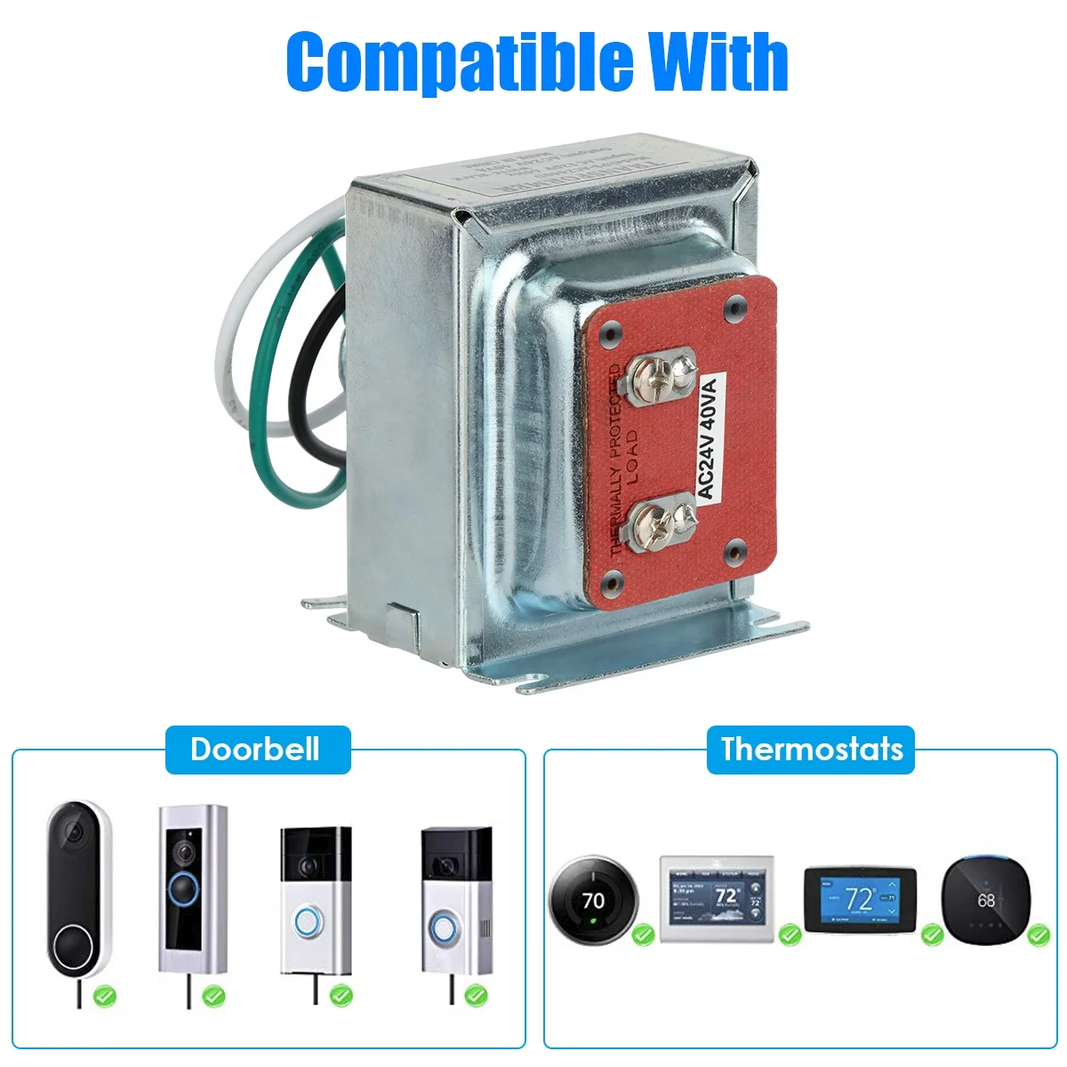 24V 40VA Thermostat and Doorbell Transformer, Power Supply Compatible with Nest, Ecobee, Sensi and Honeywell Thermostat, Nest