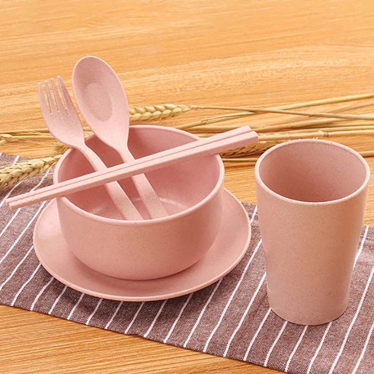 High Quanlity 6pcs children bowl spoon degradable plates cup cutlery dinnerware wheat straw tableware sets