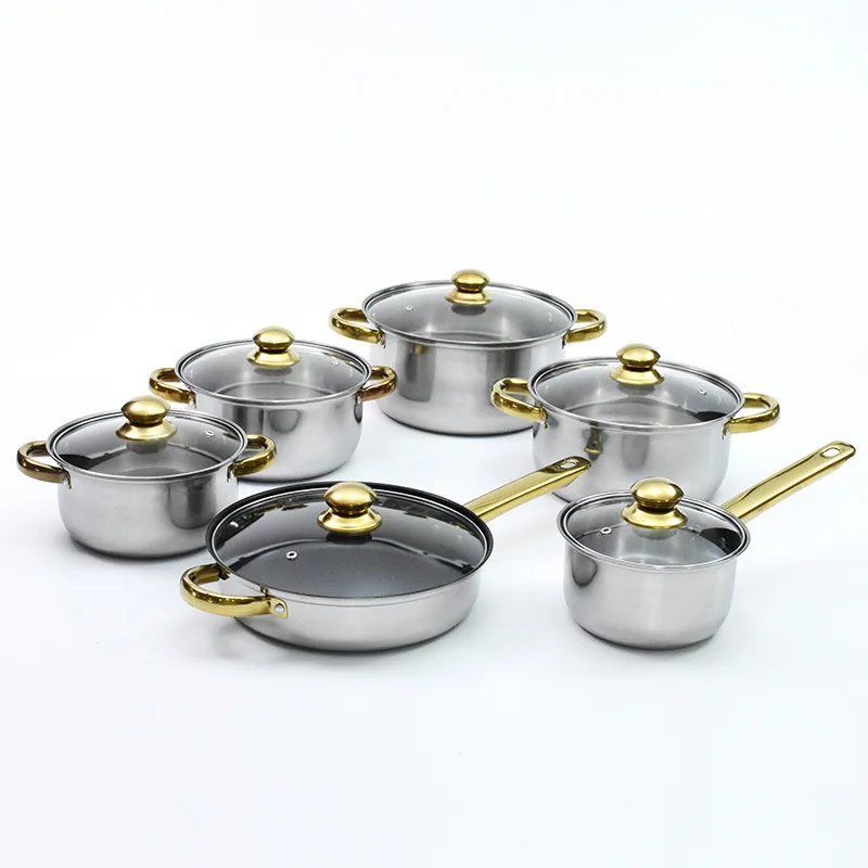Factory Price  kitchen use cooking pot 12 pcs stainless steel cookware set with golden handle