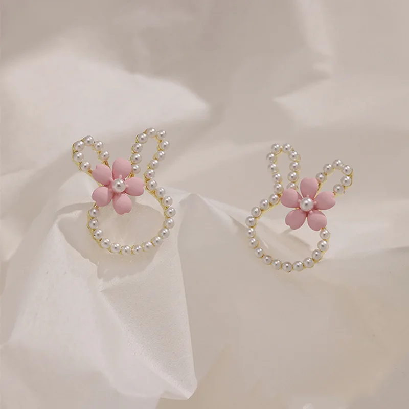 Wholesale S925 Silver Needle Sweet Little Rabbit Earrings Female Pearl Flower Rabbit Ears Cartoon Cute Earrings