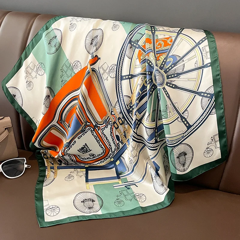 Hot sell new luxury designer carriage pattern silk small square tie scarf women tyre printed 70*70cm silk neckerchief bandanas