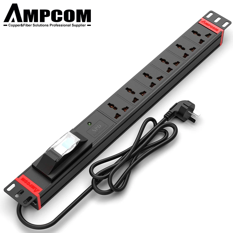 AMPCOM PDU Overload&Short Circuit Universal 6 outlets 1U Rack 10A/16A for Server Room Power Supply Plug be Customize EU US UK AU