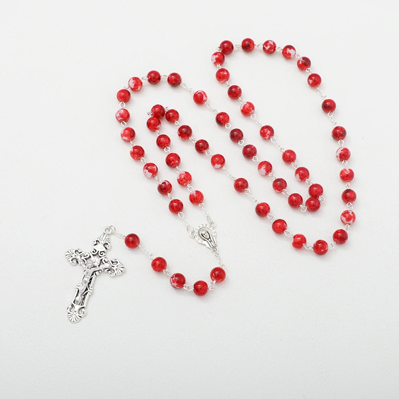 Hot Holy Catholic Blue Glass Stone Beads Rosary Necklace With Sliver Jesus Cross Religious Necklace
