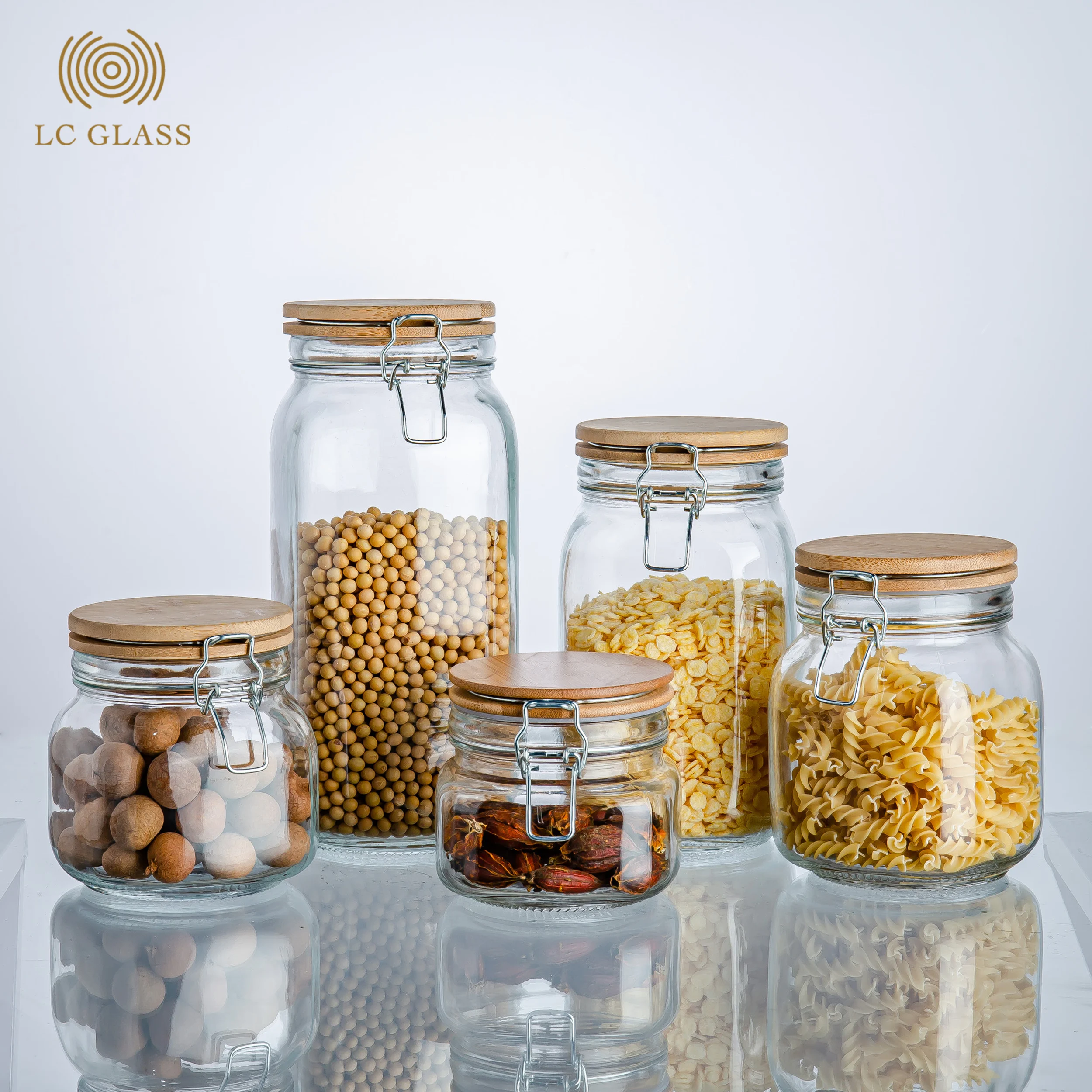 Container Storage Glass Clip 500ml 750ml 1000ml 1500ml Machine Bamboo Lid Jar Glass with Metal Kitchen Food Stainless Steel 1-2L