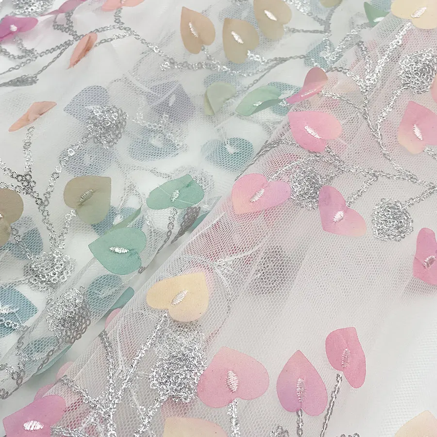 New design beautiful multicoloured laser 3D heart-shaped leaf argent powder sequins glitter tulle mesh embroidery fabrics