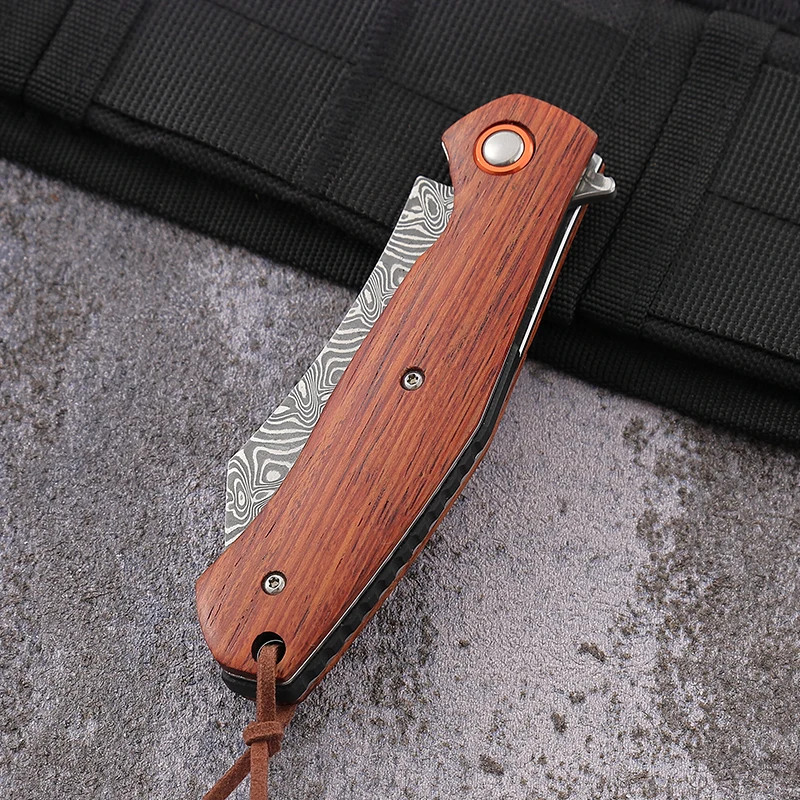 Free Sample Quality Damascus Blade EDC Pocket Knife Customized Folding Wooden Handle Camping Survival OEM Gift Collection Knife