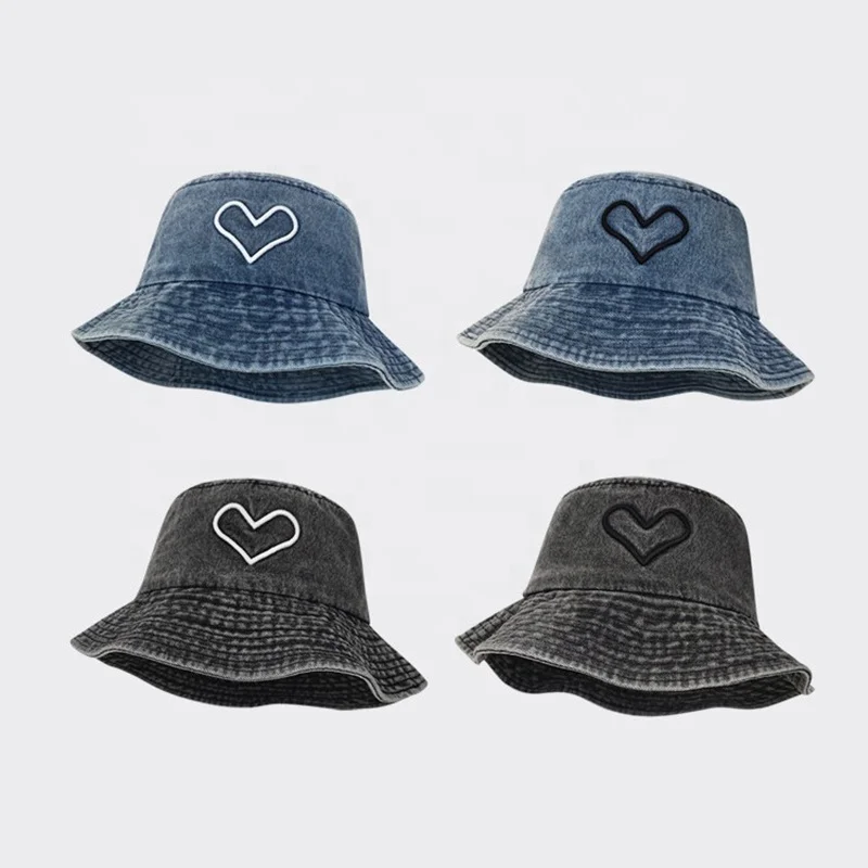 Wholesale Custom Unisex Fashion Washed Denim Cotton UV Protection Summer Travel Sun Hat Heart Embroidery Bucket Hat For Women