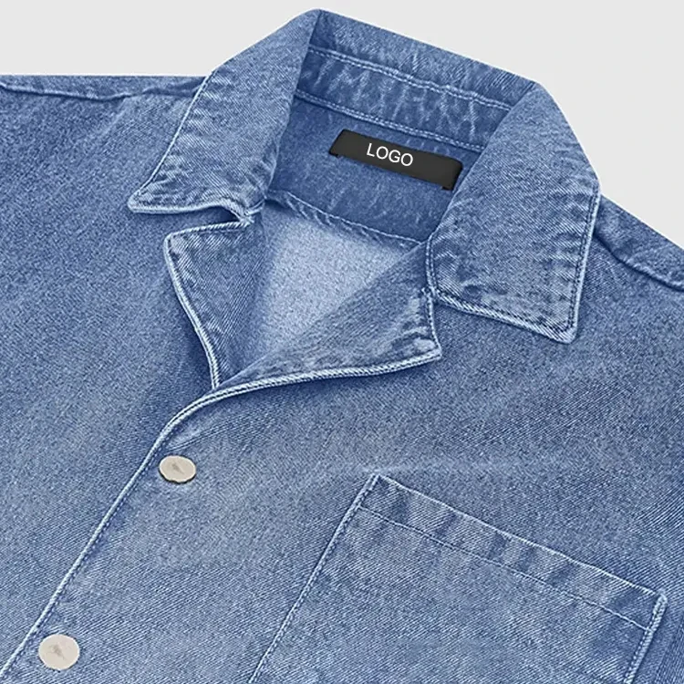 Custom Drop Shoulder Chest Pocket Short Sleeve Button Up Camp Collar 100% Cotton Washed Cropped Jean Denim Shirt For Men